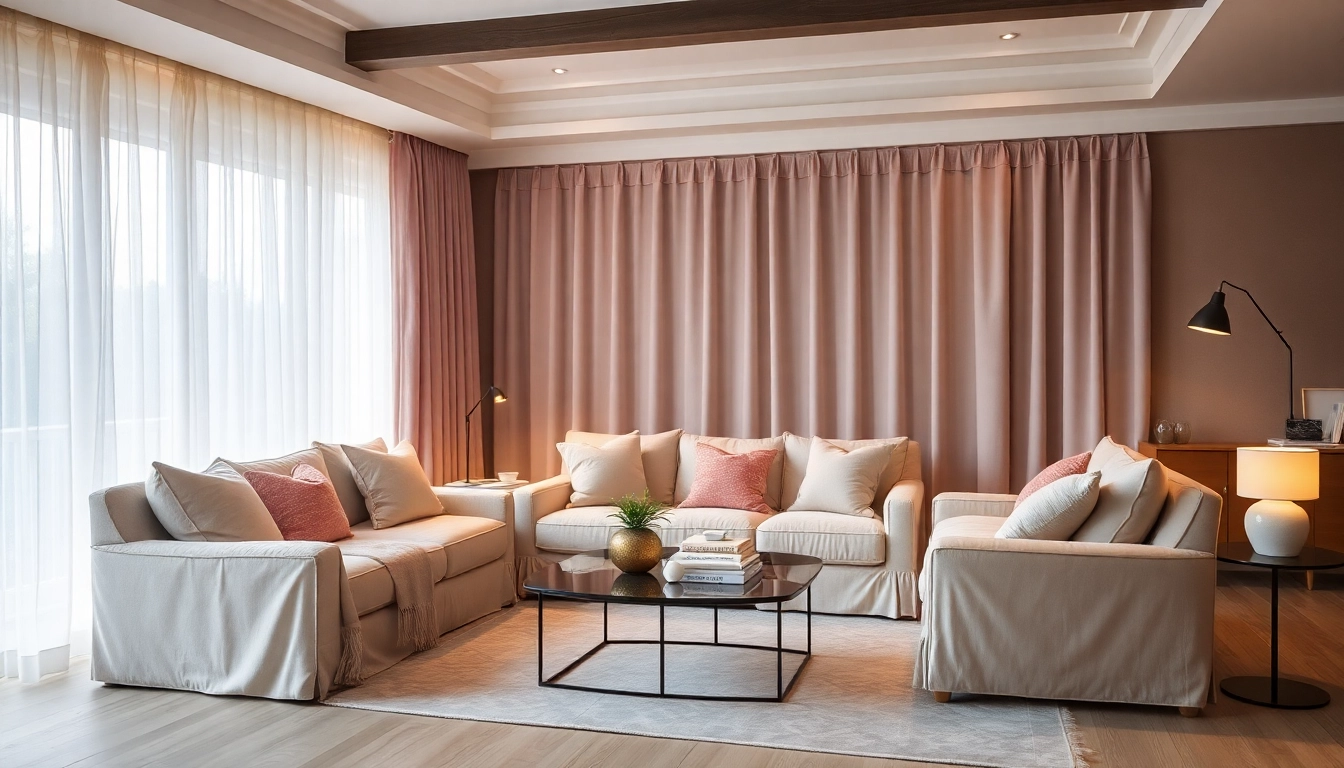 Stylish housses de canapés enhancing a cozy living room with pastel colors.