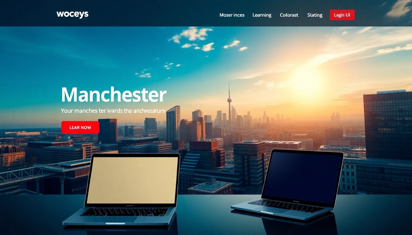 Creative website design Manchester displaying dynamic digital interfaces against a vibrant city backdrop.