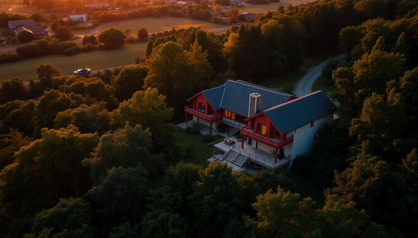 Real estate aerial photography captures a stunning aerial view of a contemporary home set against a vibrant sunset backdrop.