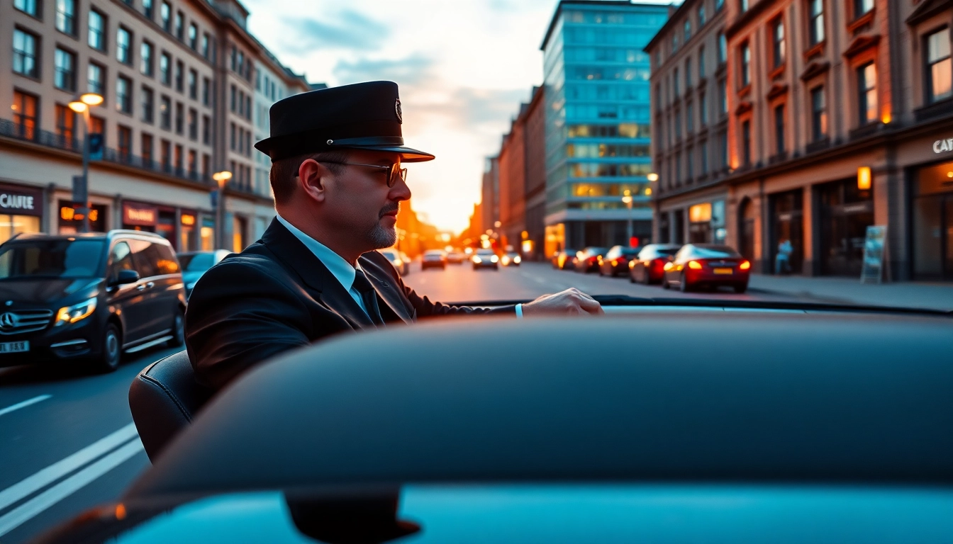 Experience professional driver hire Glasgow with a chauffeur in a luxury car against a scenic city backdrop.