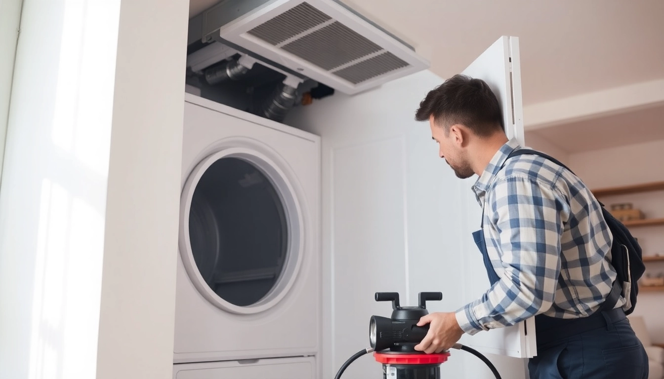 Efficient dryer vent cleaning service in Salt Lake City, Utah, showcasing a technician at work.