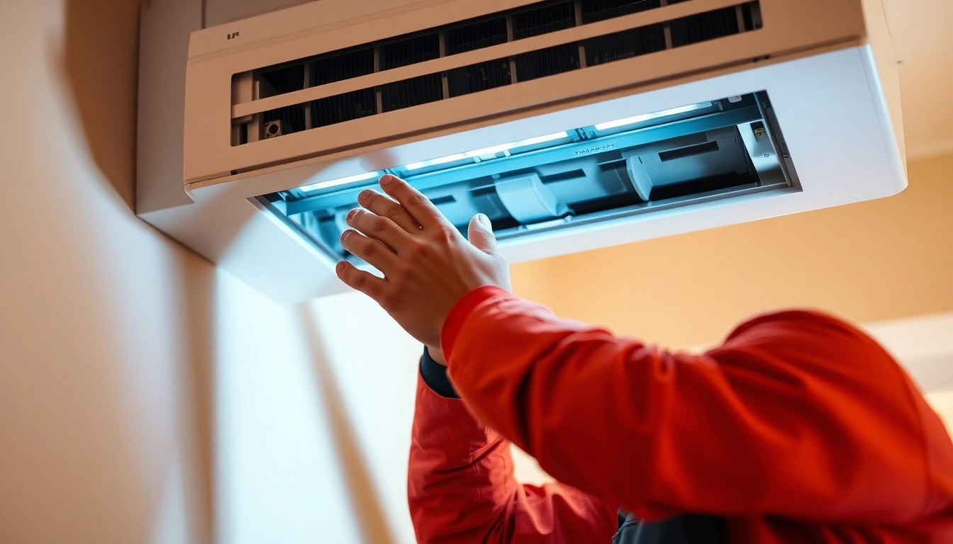 Professional technician performing 24/7 aircon repair on a residential AC unit in a modern home setting.