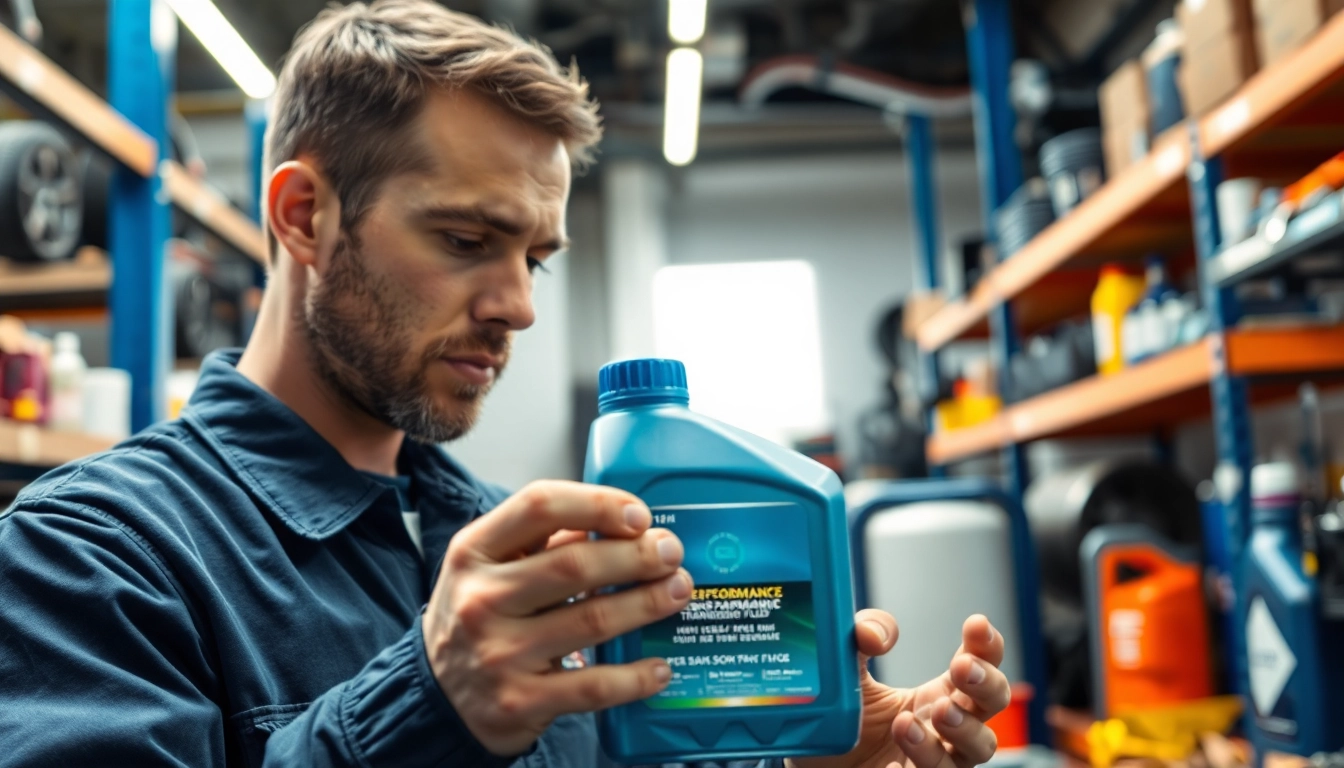 Evaluate high performance automatic transmission fluid in a professional mechanic's workshop with tools.