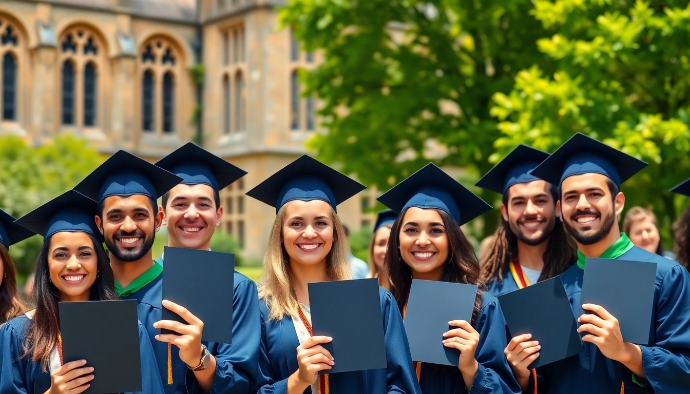 Graduates celebrating with their original UK degrees outdoors at a university.