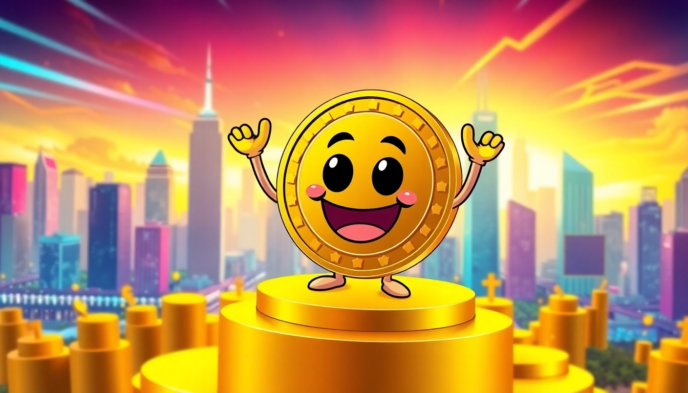 Classic meme coin character triumphantly stands on a podium amidst vibrant cryptocurrency symbols.