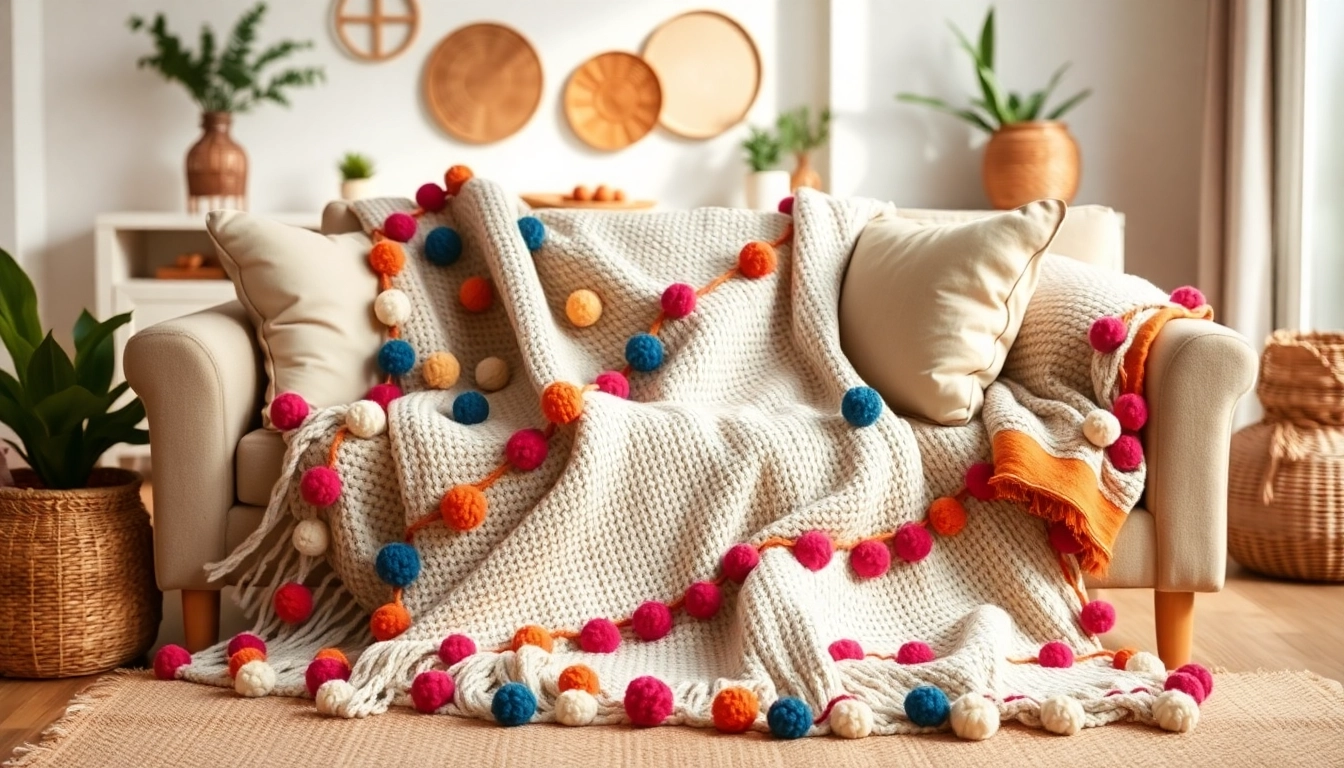 Transform your space with Moroccan Cotton Pompom Blankets, showcasing intricate details and vibrant colors.