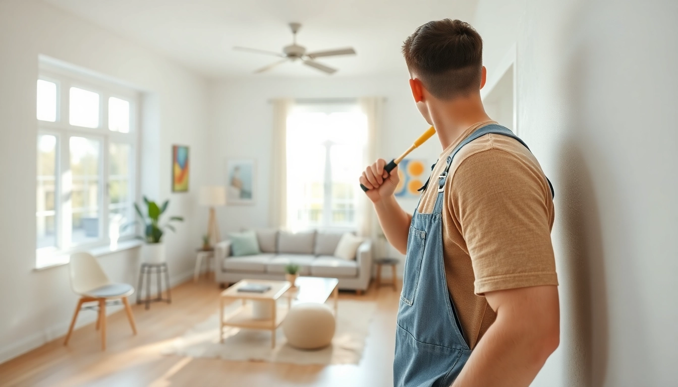 Interior painting of a living room with a painter refreshing the walls in pastel colors.