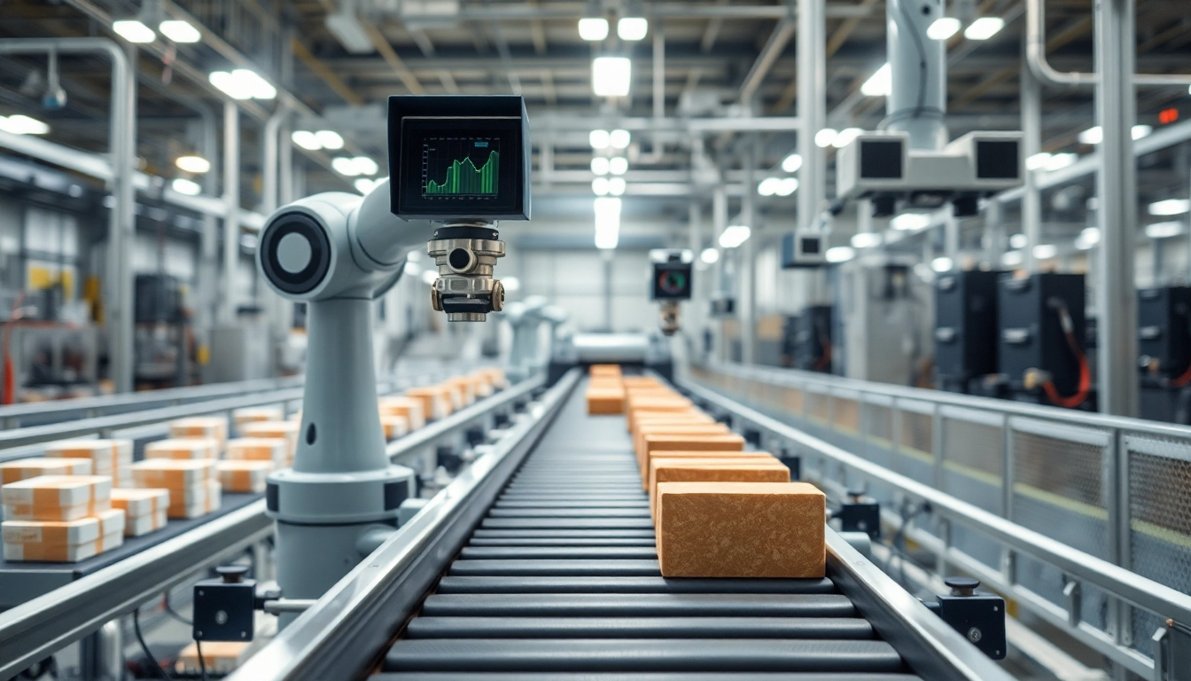 Machine vision robotic arm inspecting products on a conveyor belt in an industrial setting.