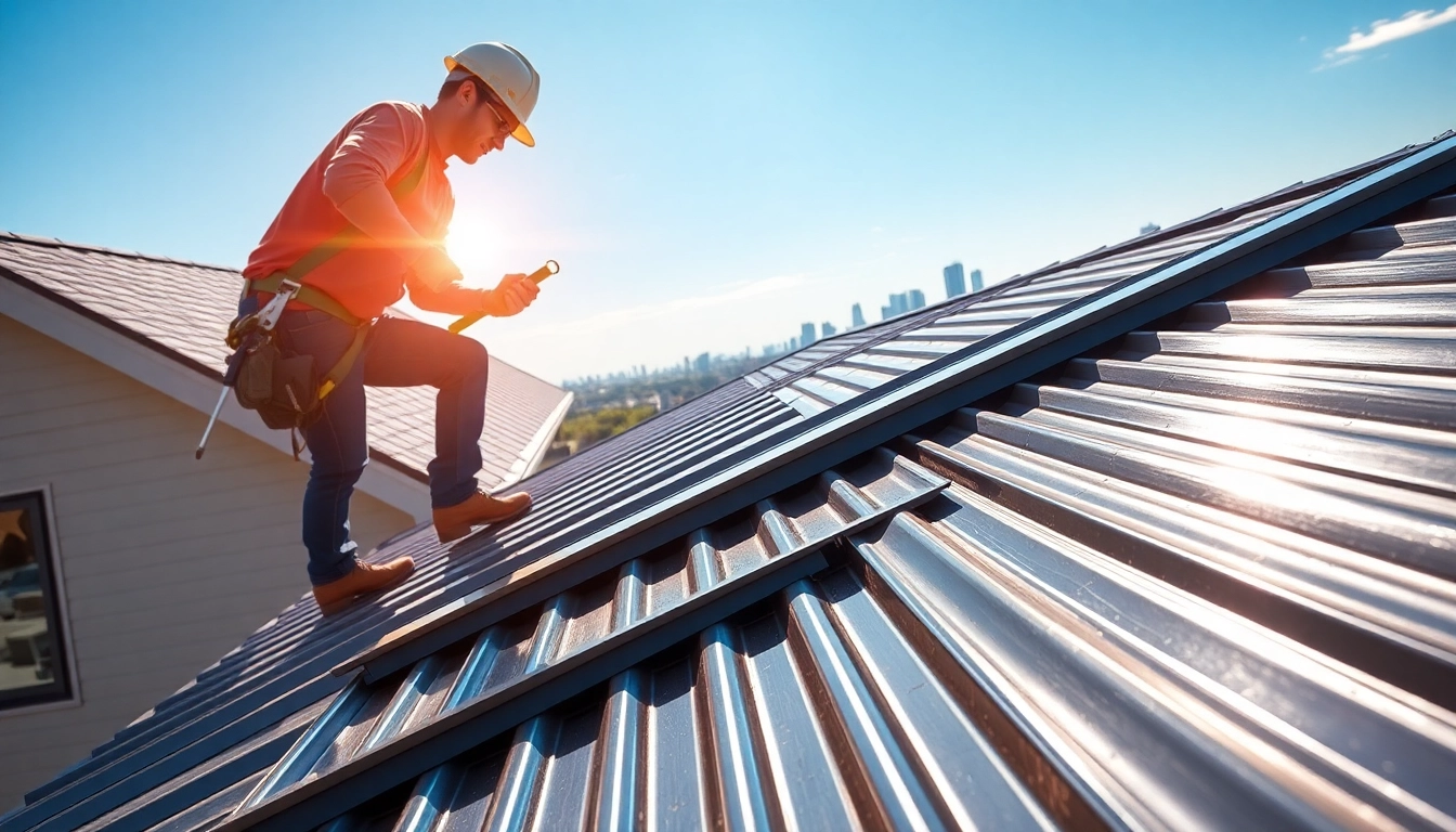 Showcasing metal roofing installation Austin with a professional contractor on a modern home.