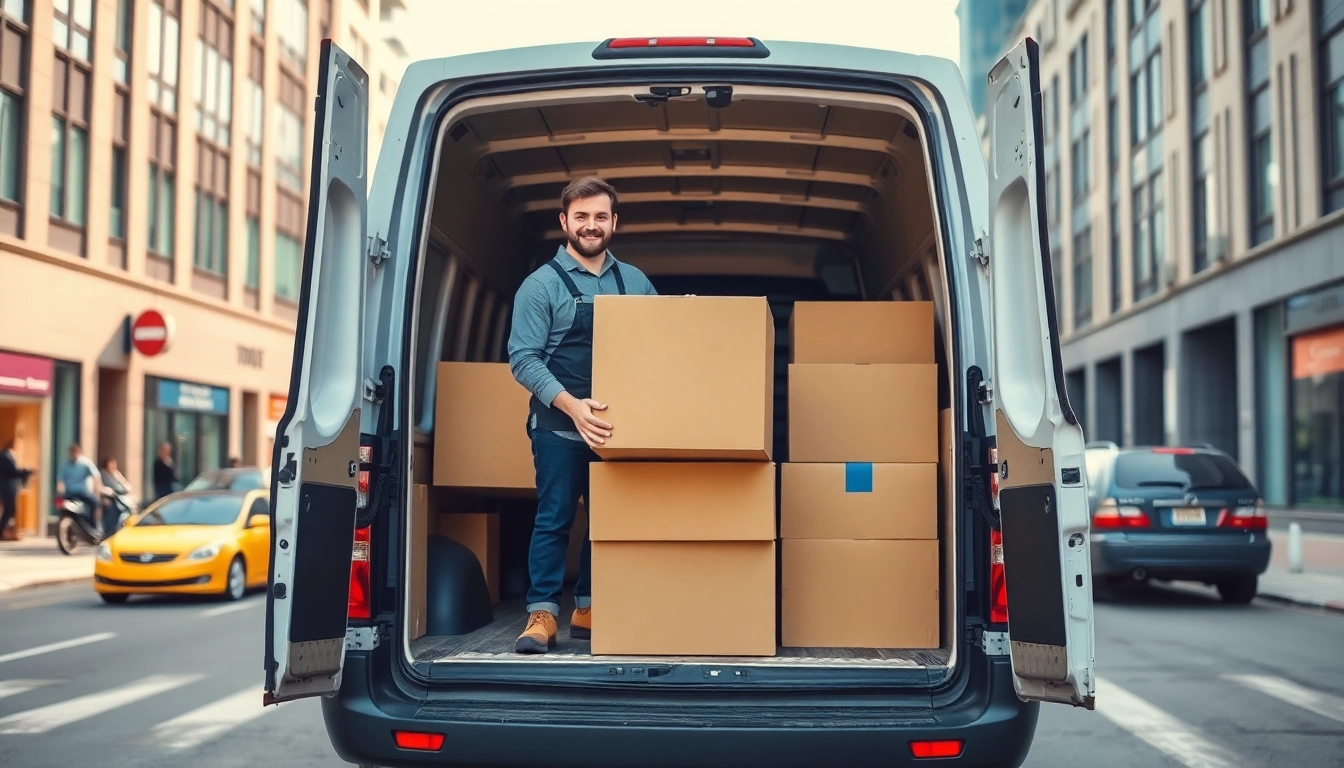 Efficient man and van moving service with friendly mover loading boxes for a hassle-free experience.