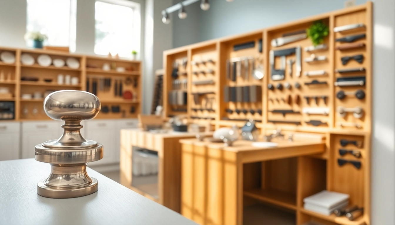 Show breathtaking furniture hardware suppliers showcasing premium cabinetry accessories in a modern showroom.