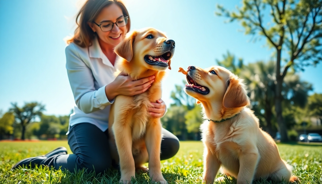 Engaging Dog Training Irvine session with a trainer and a Golden Retriever puppy in a sunny park setting.
