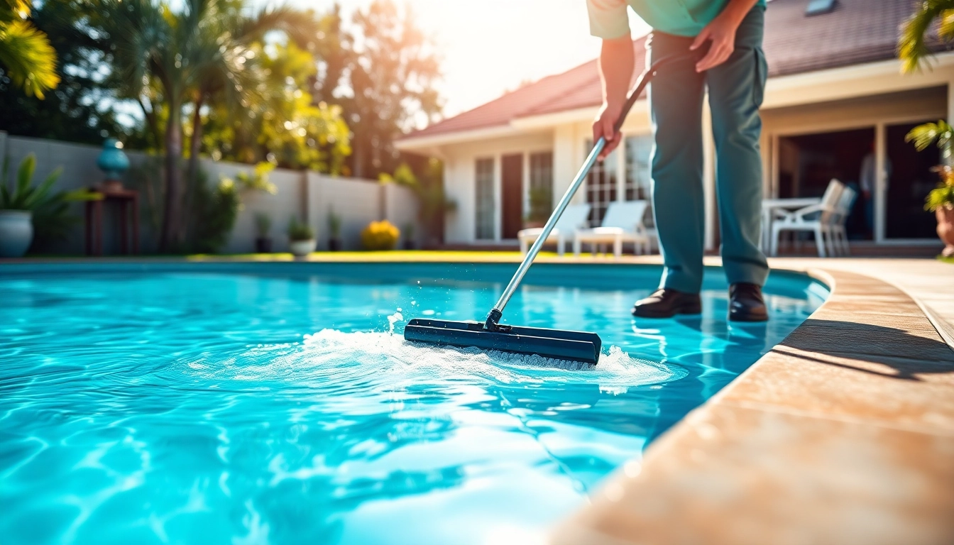 Ensure pool cleaning service near me efficiently maintaining a sparkling clean pool in a lush backyard.