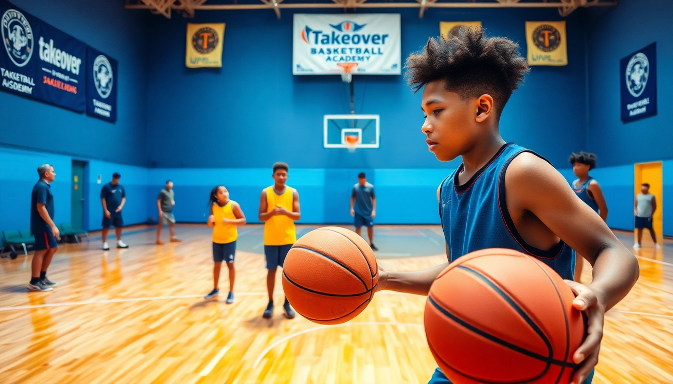Youth athletes training at Takeover Basketball Academy, showcasing dynamic basketball skills and teamwork.