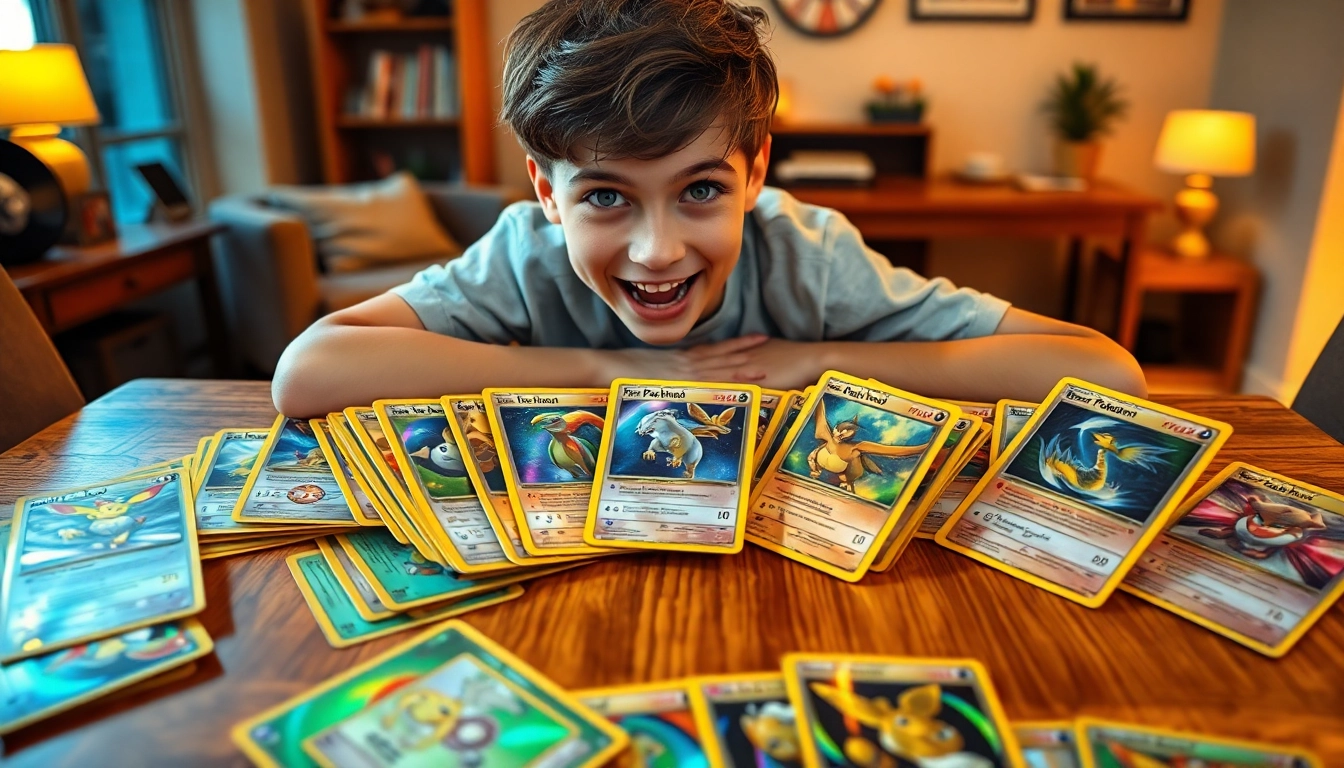 Admiring real Pokemon cards displayed on a cozy table by an excited fan.