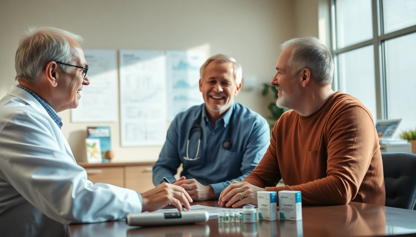 Visualize a healthcare consultation on Testosterone Replacement Therapy in a modern clinic.