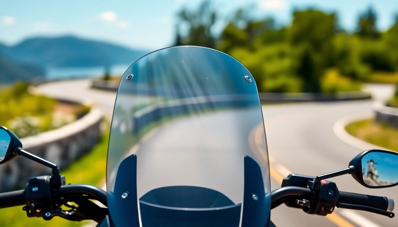 Showcase motorcycle windscreens reflecting sunlight while enhancing the motorcycle's style and performance.