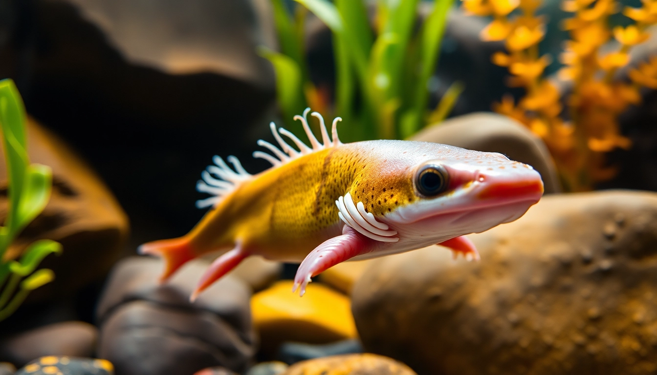 Observe an Axolt swimming in a colorful aquatic setting with vibrant plants.