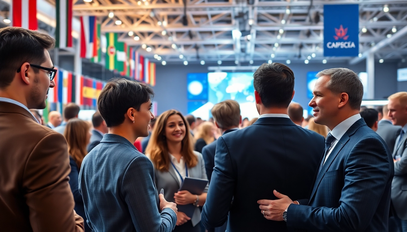 Showcasing a vibrant global business directory conference, professionals networking worldwide.