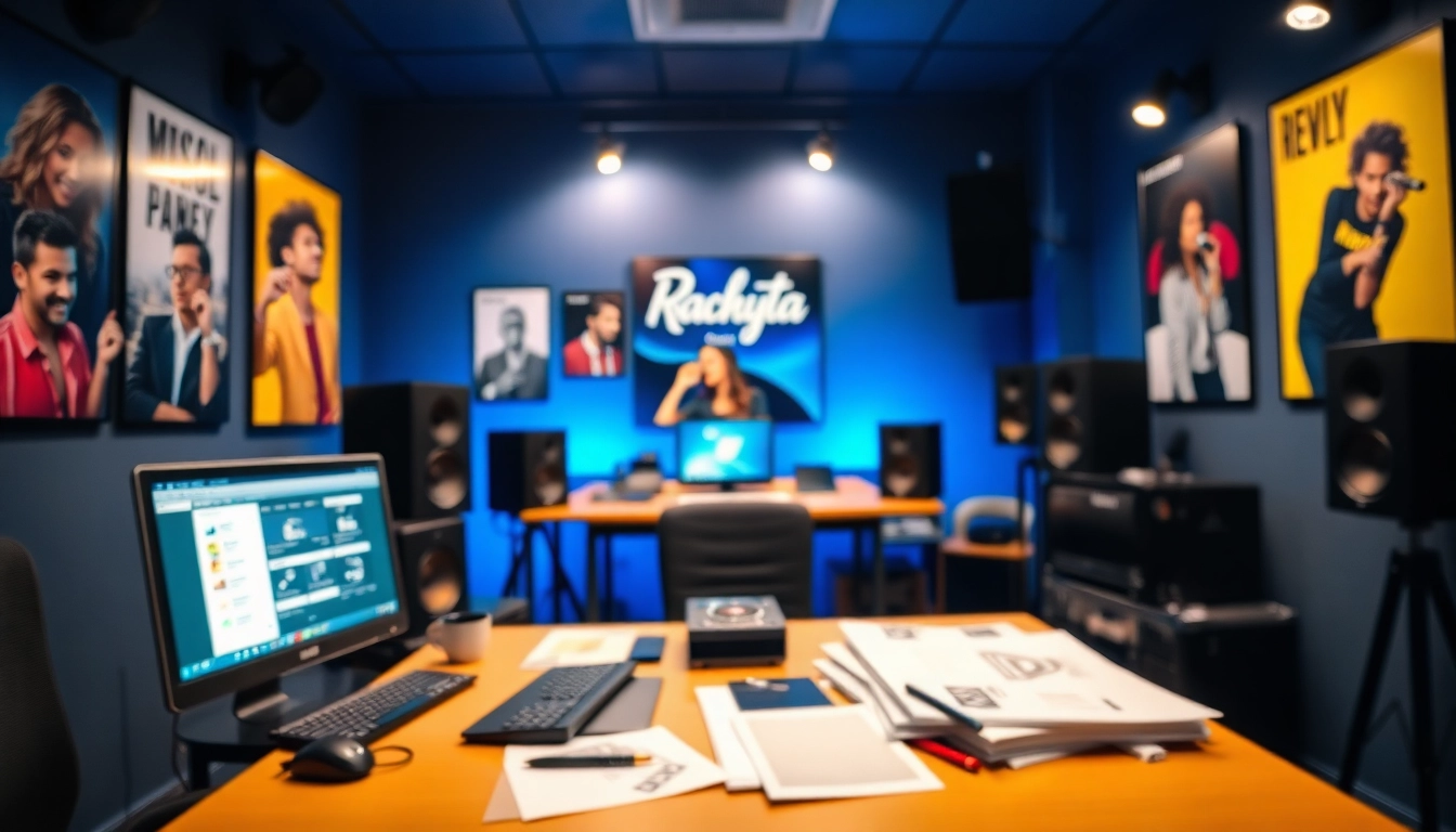 Showcasing vibrant music promotion services office setup with promotional materials and studio elements.