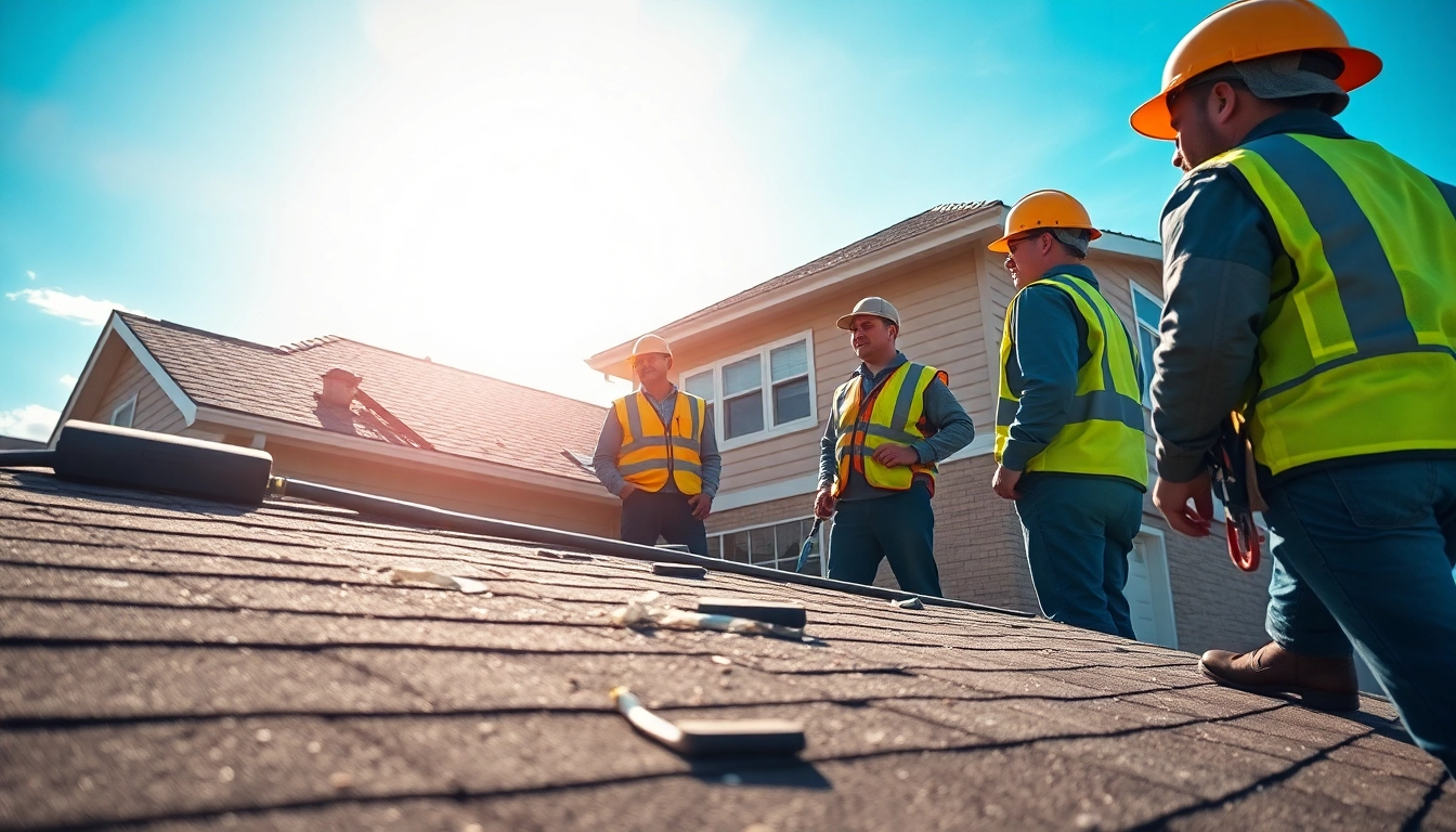 Storm Damage Restoration and cleanup professionals assessing roof damage after a storm.