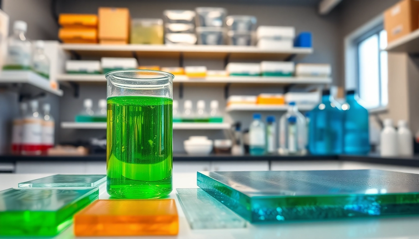 Infusion resins in a laboratory with glass beakers and infused materials, highlighting clarity and innovation.