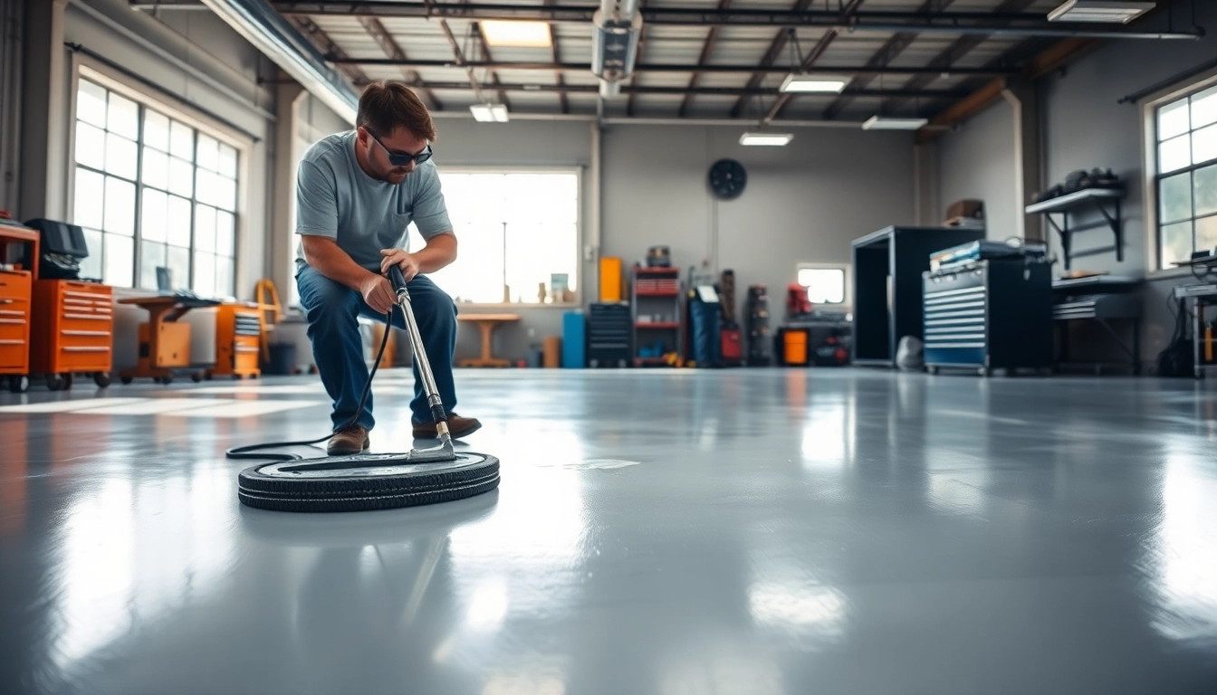 Applying poly floor coating Twin Cities for a professional finish in an industrial garage.