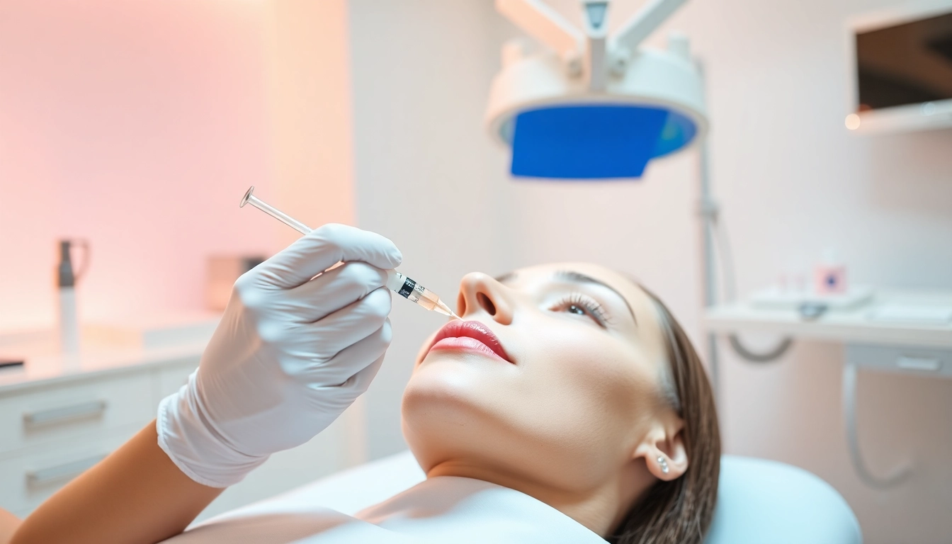 Enhancing lips with a 0.5 ml lip filler by a skilled aesthetician in a bright clinic.