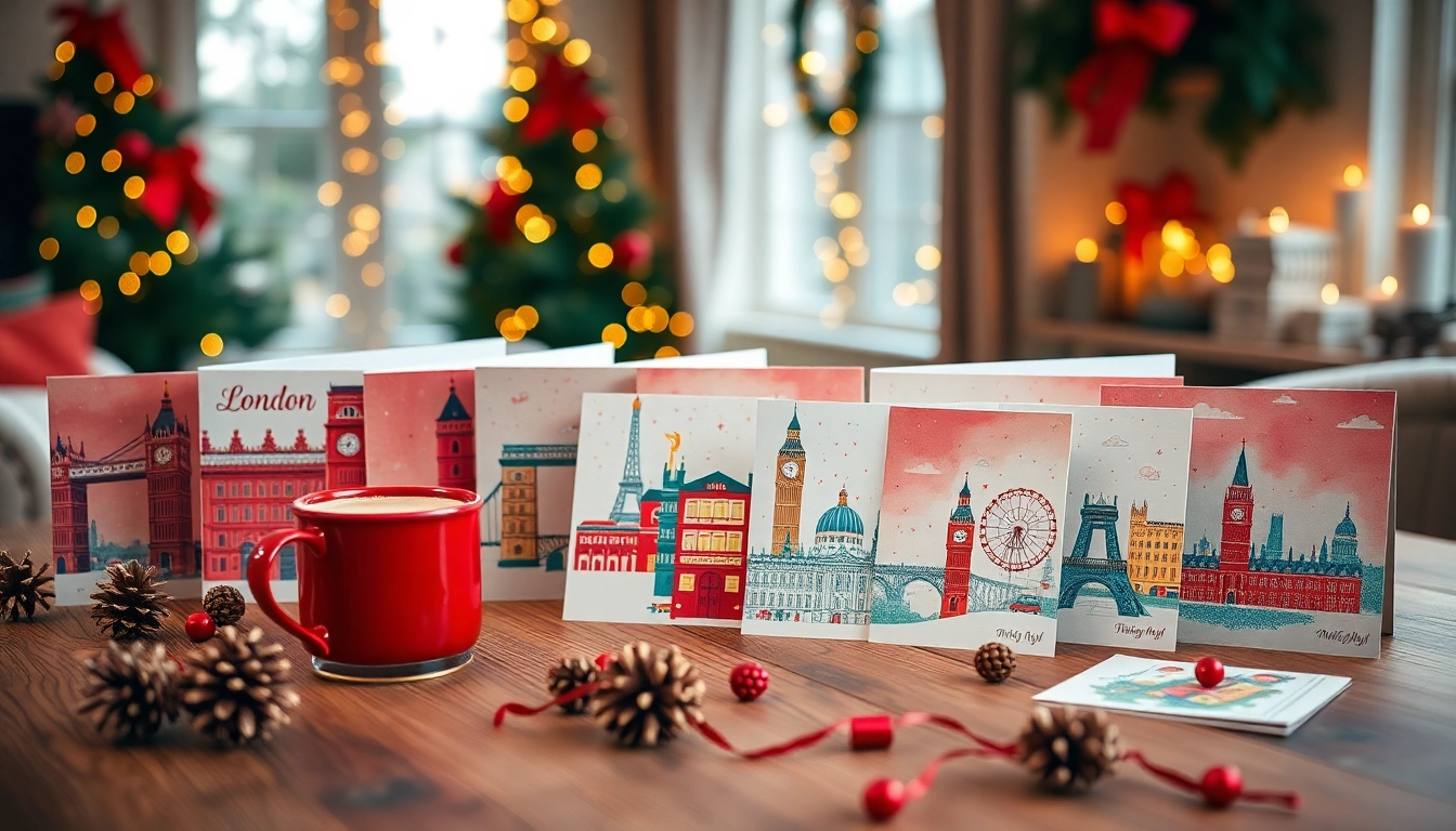 Display of festive Xmas cards London nestled amongst holiday decorations and warm lighting.