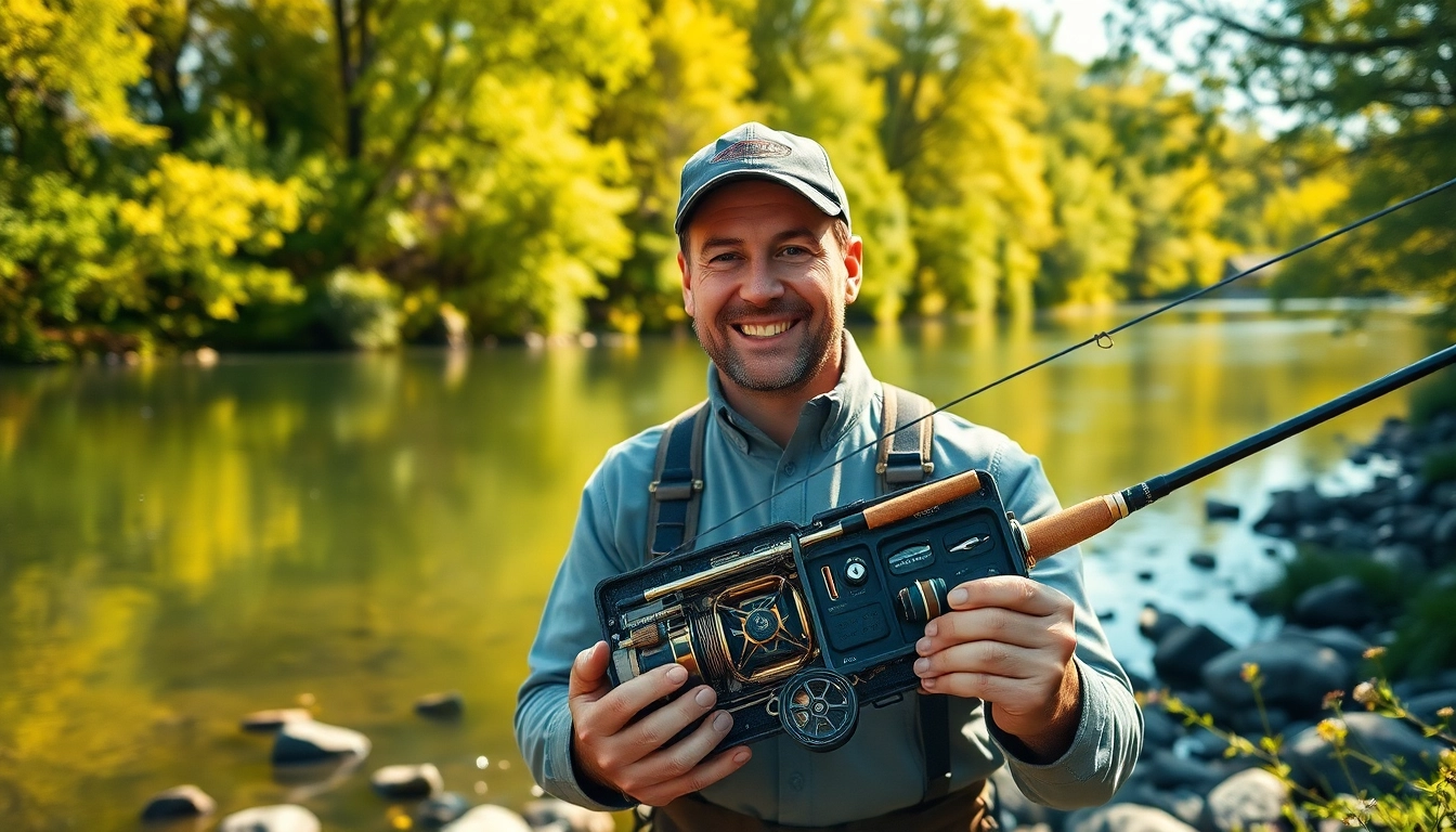 Catch fish with a detailed fly fishing kit by the river, showcasing vibrant nature surroundings.