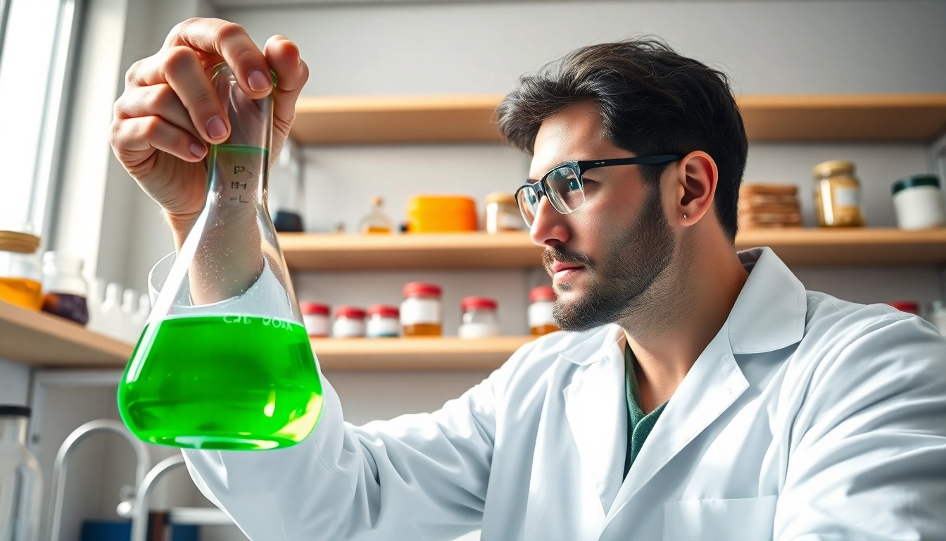 Researcher analyzing cbd synthetic in a lab environment, focusing on precise synthesis processes.
