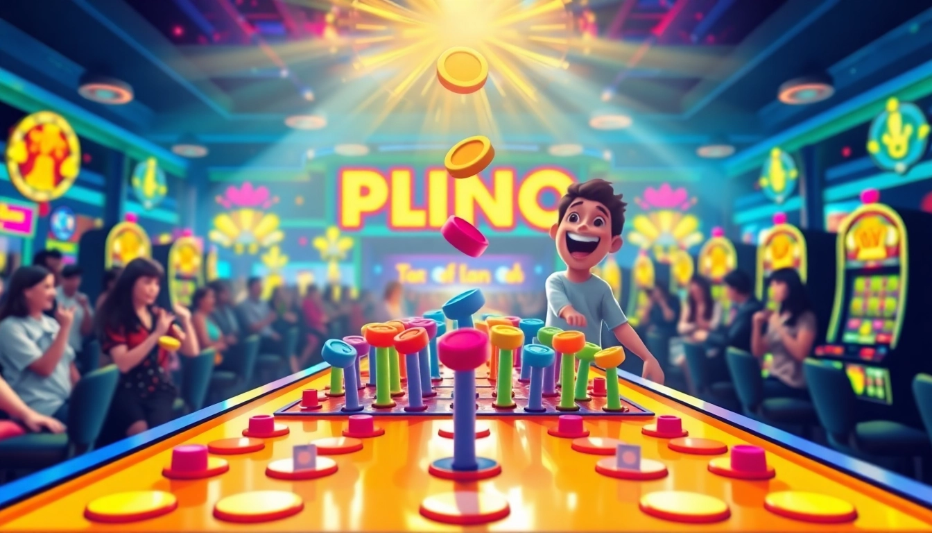 Permainan plinko dengan chip yang dinamis terjatuh ke papan penuh pegs berwarna cerah.