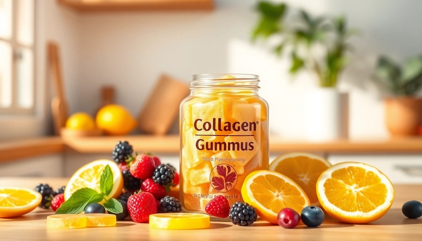 Showcasing Collagen pectin gummies in a glass jar with vibrant fruits for a healthy lifestyle.