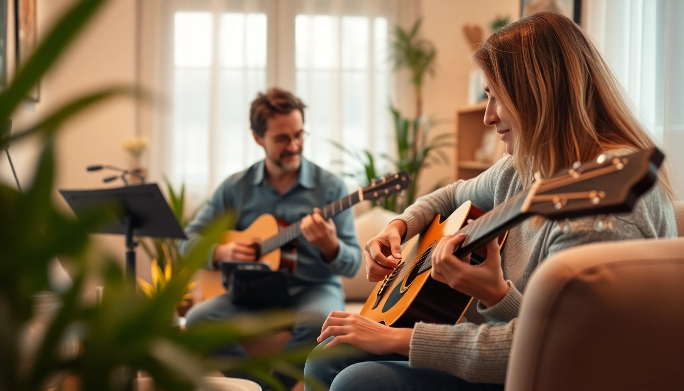 Engaging music therapy session depicting Musiktherapie with therapist and client in a warm setting.