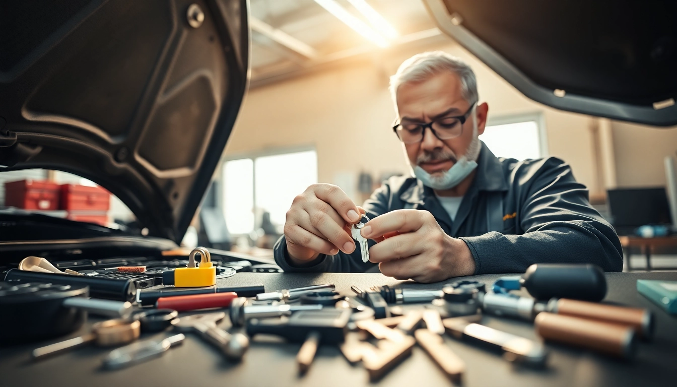 Locksmith creating Lost Car Keys in a garage, illustrating quality service and expertise.