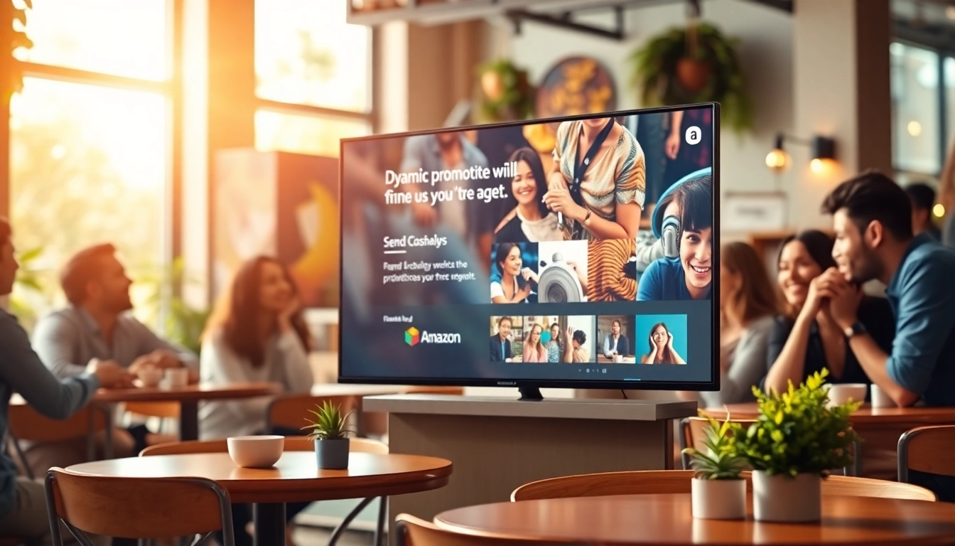 Engaging Fire TV digital signage app displayed in a vibrant café setting, showcasing promotional content.