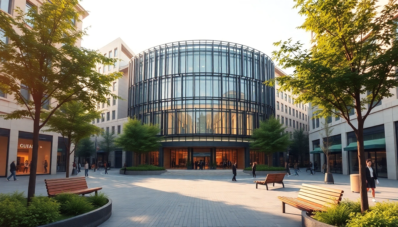 Architekturvisualisierung eines modernen Gebäudes in einem urbanen Umfeld mit lebendiger Atmosphäre.