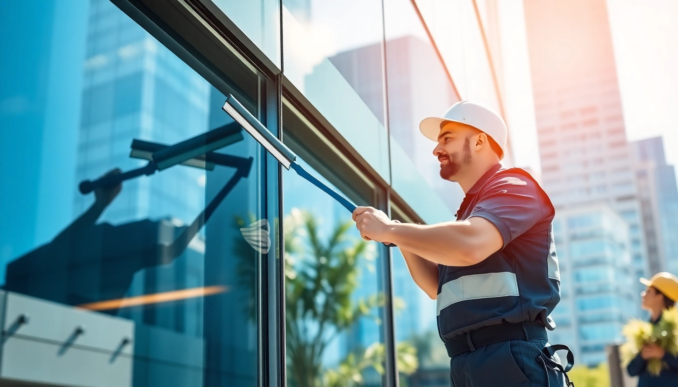Window cleaning expert washing large glass windows in a bright urban setting, ensuring streak-free shine.
