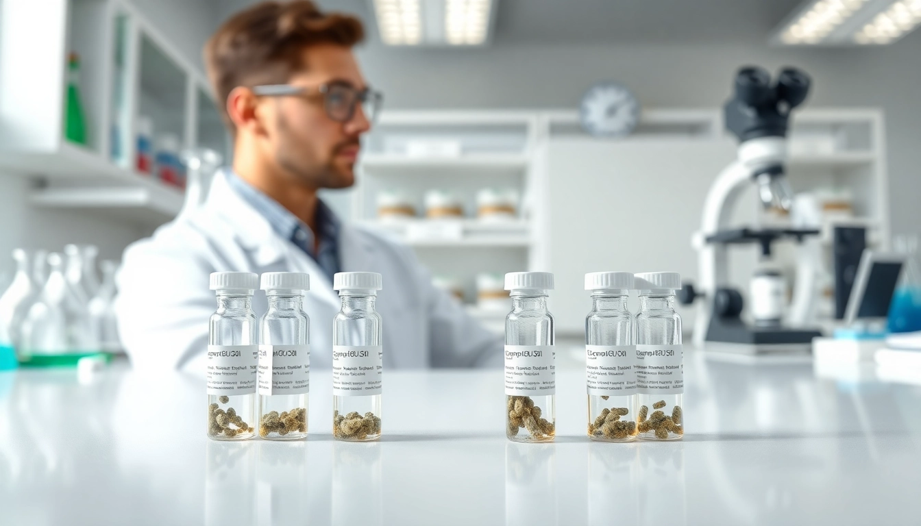 Synthetic Cannabinoids research in a lab with glass vials and scientific equipment.