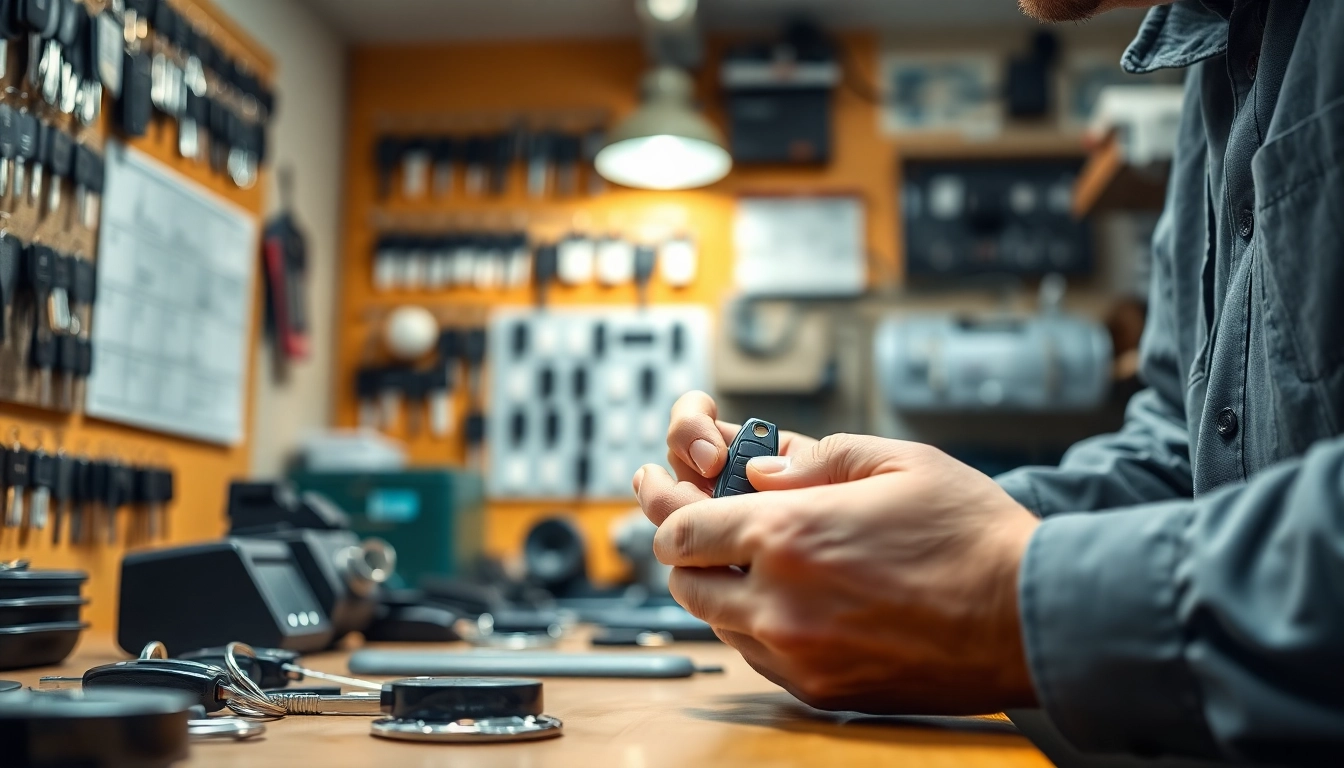 Crafting Replacement Car Keys by a professional locksmith in a clean workshop, showcasing various automotive keys.
