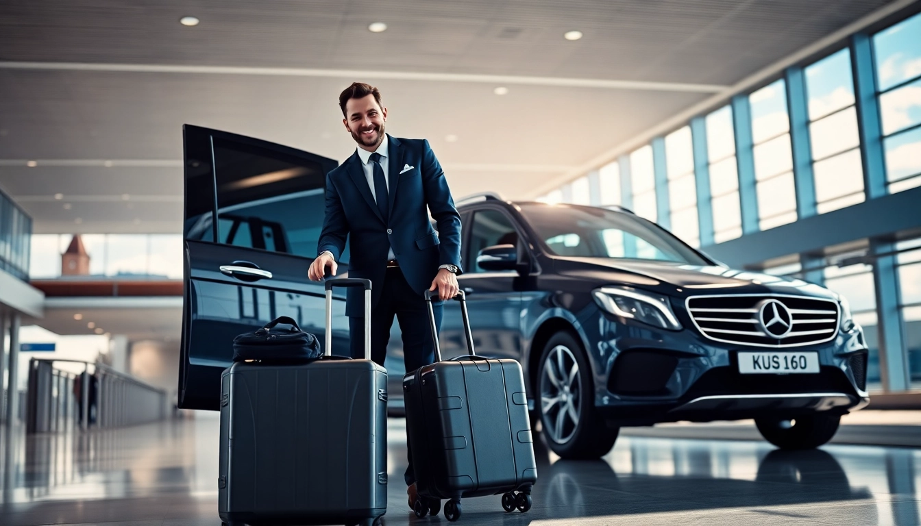 Client receiving Glasgow and Edinburgh transfers assistance from a professional driver at a modern airport.