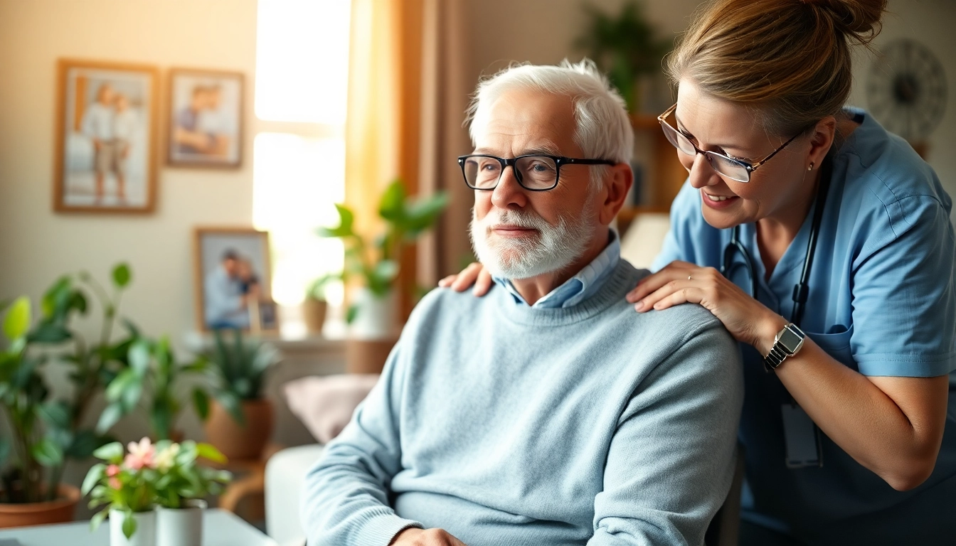 Offering compassionate in home care austin tx, a caregiver aids an elderly man in a warm home.
