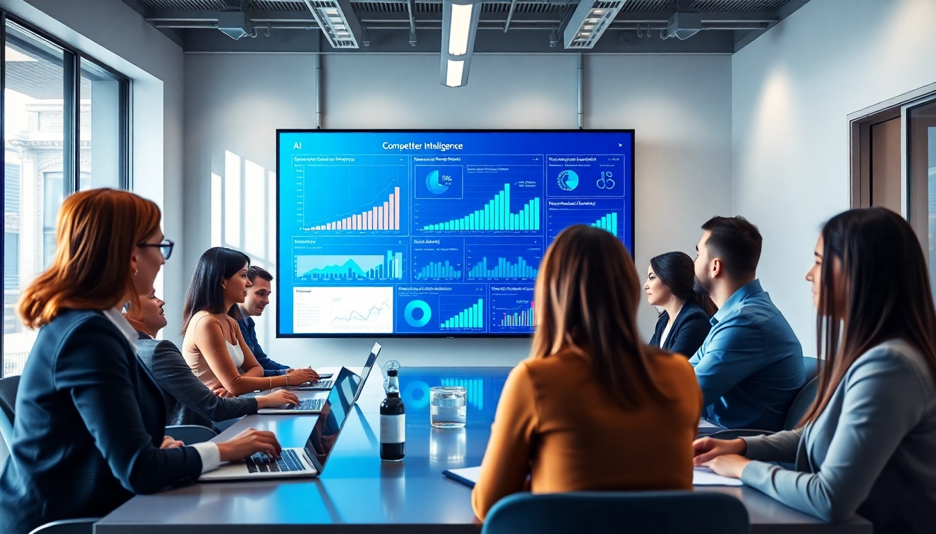 Engaged professionals analyzing AI for competitive intelligence strategies during a business meeting.