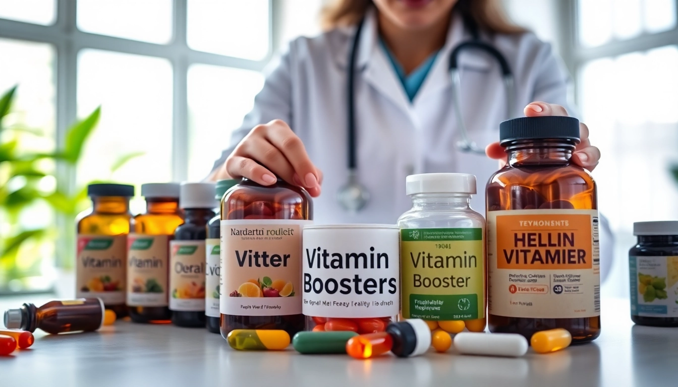 Showcasing Vitamin Boosters on a table, highlighting nutrition for health and wellness.