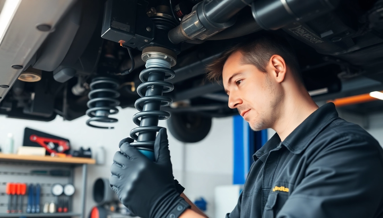 Inspección de reparación suspensión en un taller automotriz, mecánico revisando componentes.
