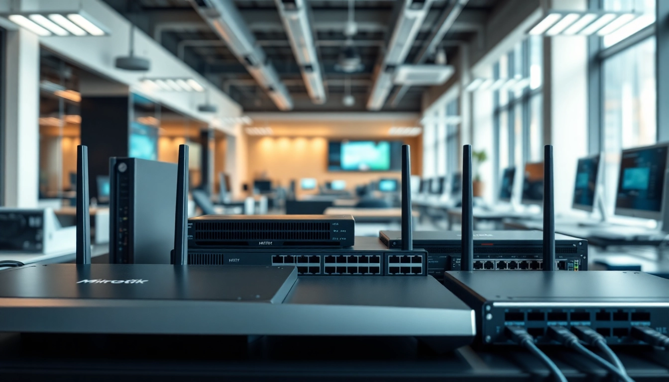 Mikrotik network equipment displayed in a professional office setting showcasing advanced networking solutions.