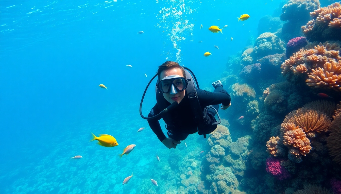 Experience a Bali diving course with a diver exploring stunning coral reefs underwater.