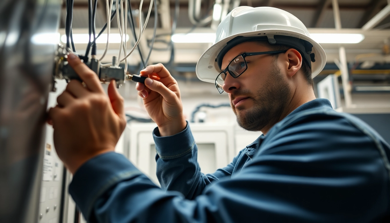 Skilled Electrical Contractor Clearwater installing wiring under bright lighting.