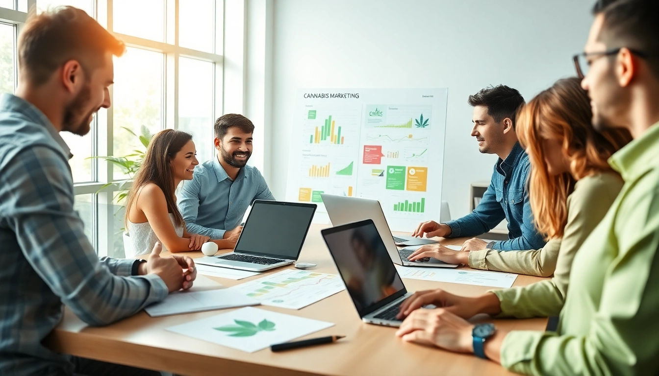 Dynamic team brainstorming at a cannabis marketing agency, showcasing innovative strategies and collaboration.