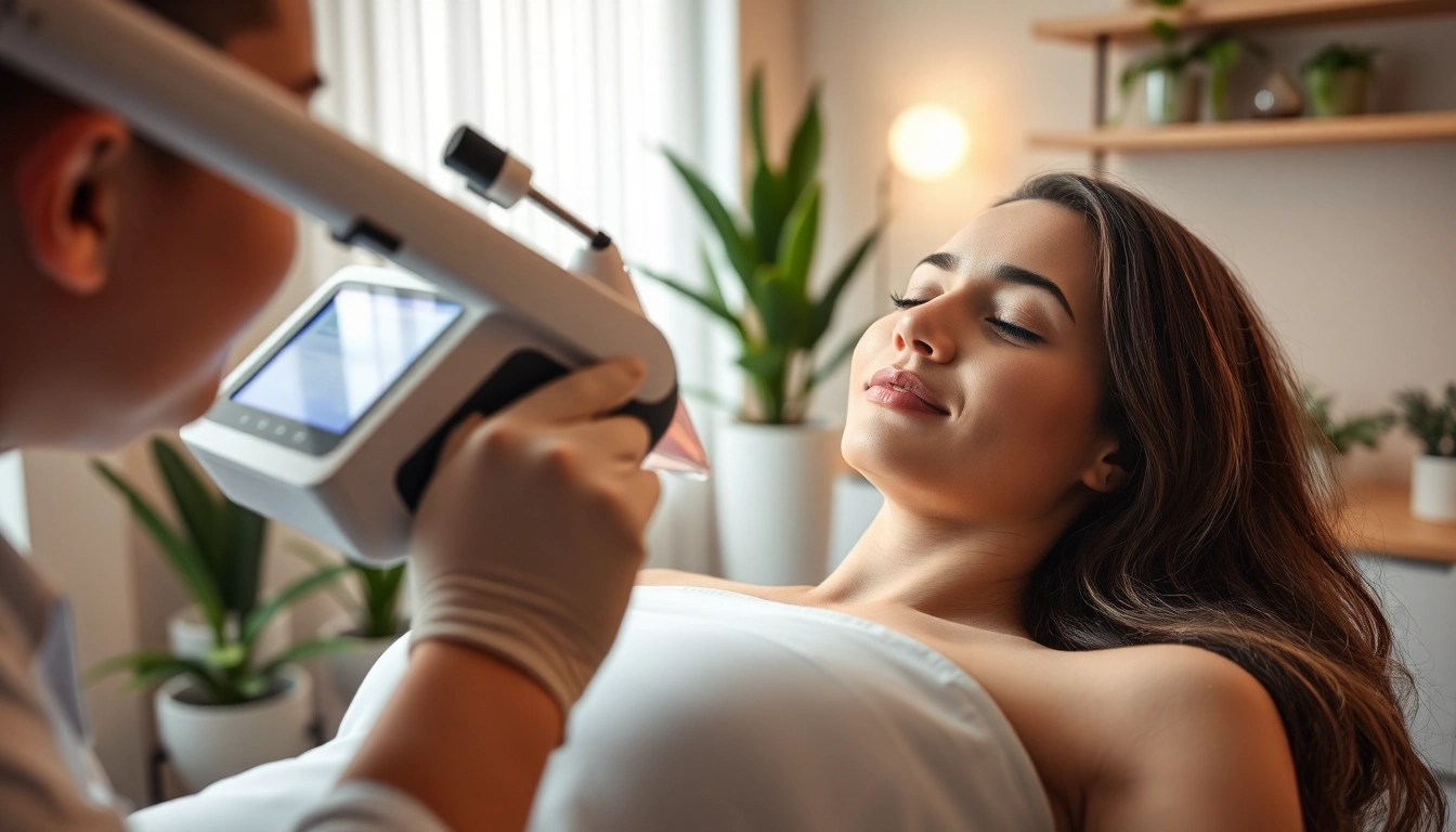 Laser hair removal procedure with a trained technician in a soothing clinic environment.